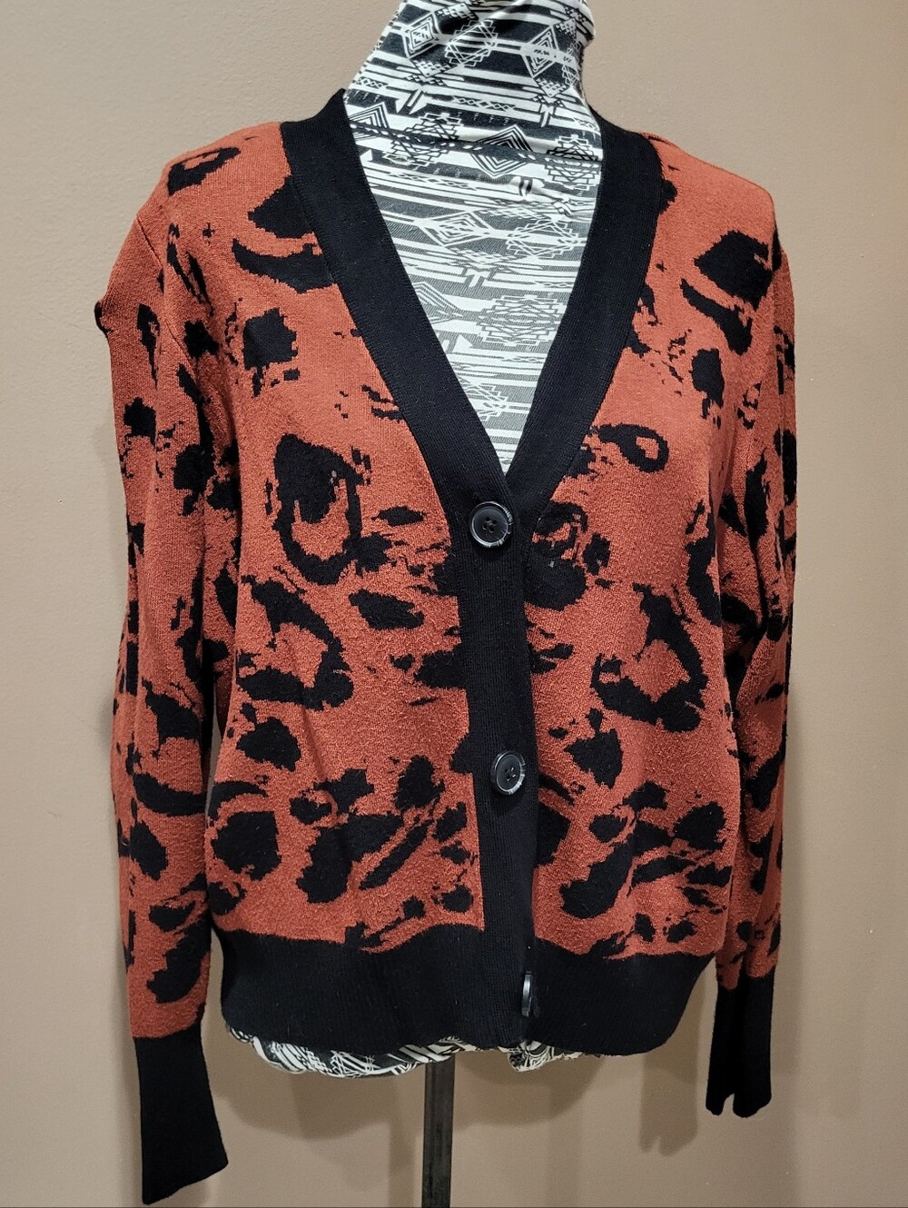 Worthington Rust and Black Leopard-Print Button Cardigan
